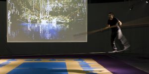 Fritzia Irizar | Untitled (Planned Obsolescence), 2018 | Video, 1 min (documentation of a performance), sawdust carpet and pigments, cedar wood stick. | Walid Rashid©