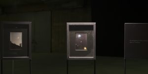 Stephanie Saade | Moongold, 2018 | 30 steel structures, photographs with gold leaf, engraved plaques. | Walid Rashid©